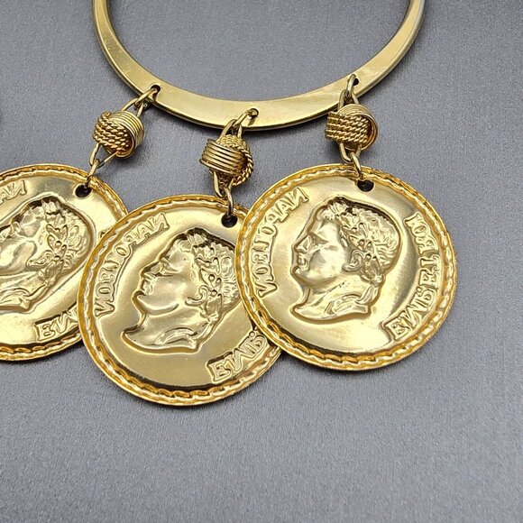 VTG Gold Coin Napoleon Empereur Dangle Hoop Post Earrings 3" Statement 1980s - Picture 4 of 10